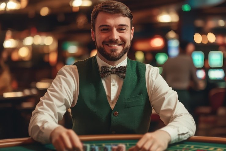 Antarmuka aplikasi csowin menampilkan meja live dealer dengan dealer profesional dan opsi taruhan di bawah layar video streaming